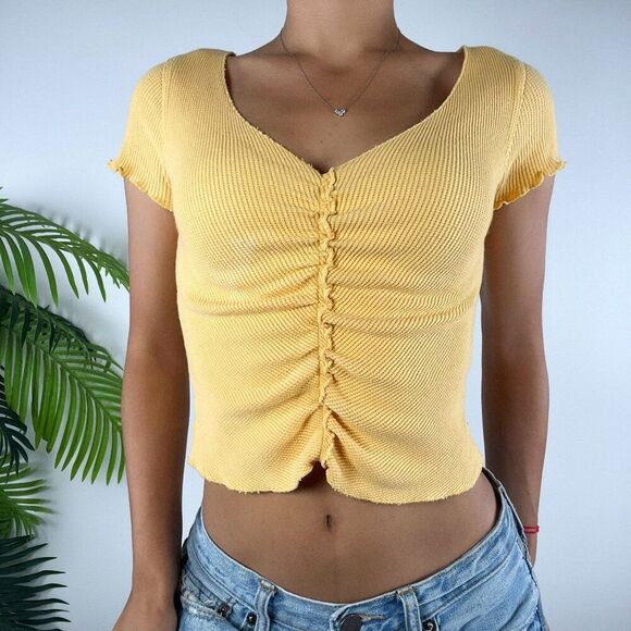 Womens Vintage Y2K Style Yellow Casual Short Sleeve Ribbed Ruched Crop Top / S - Picture 3 of 7